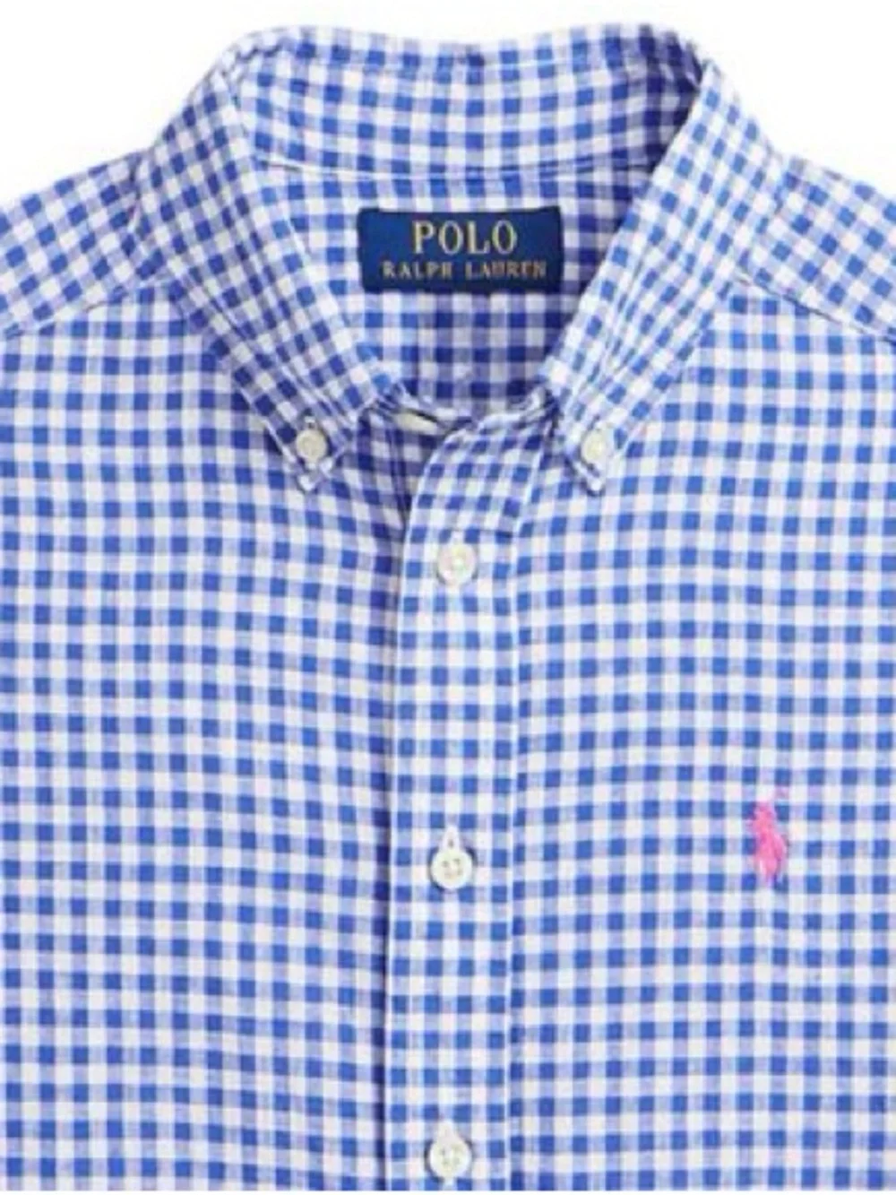 Polo by Ralph Lauren Seer Sucker Blue Gingham Shirt with Pink Pony